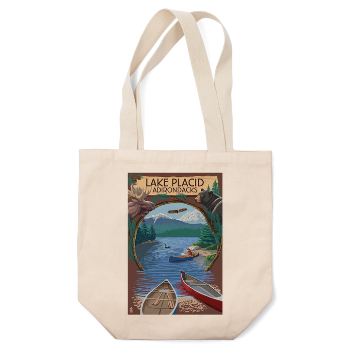Lake Placid, New York, Adirondacks Canoe Scene, Lantern Press Artwork, Tote Bag