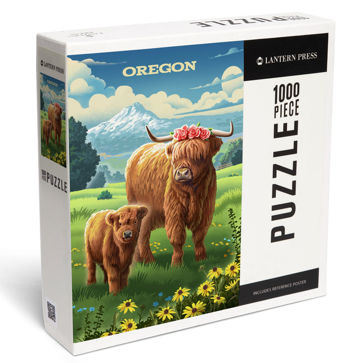 Oregon, Lithograph, Highland Cow and Calf, 1000 Piece Jigsaw Puzzle