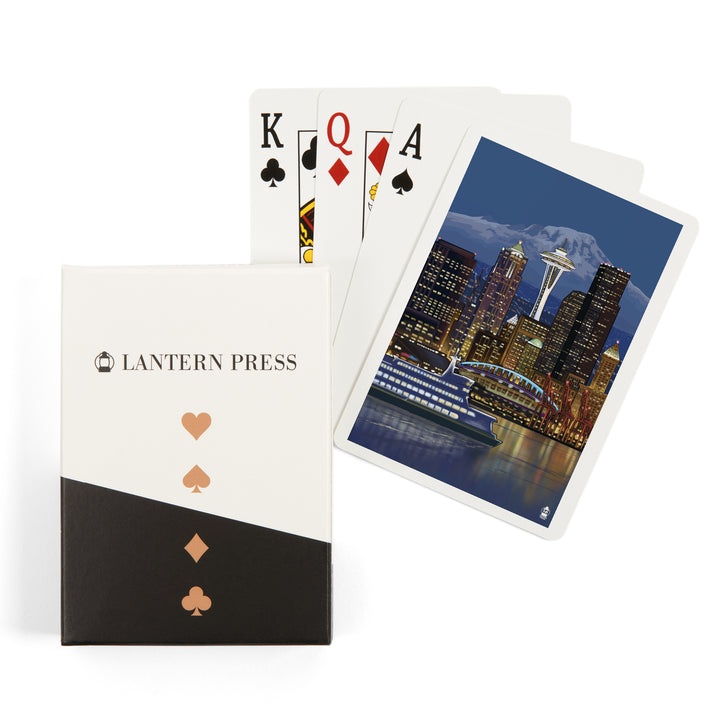 Playing Cards, Seattle, Washington, Night Skyline, Image Only, 52 Card Deck with Jokers in Box, Unique Art