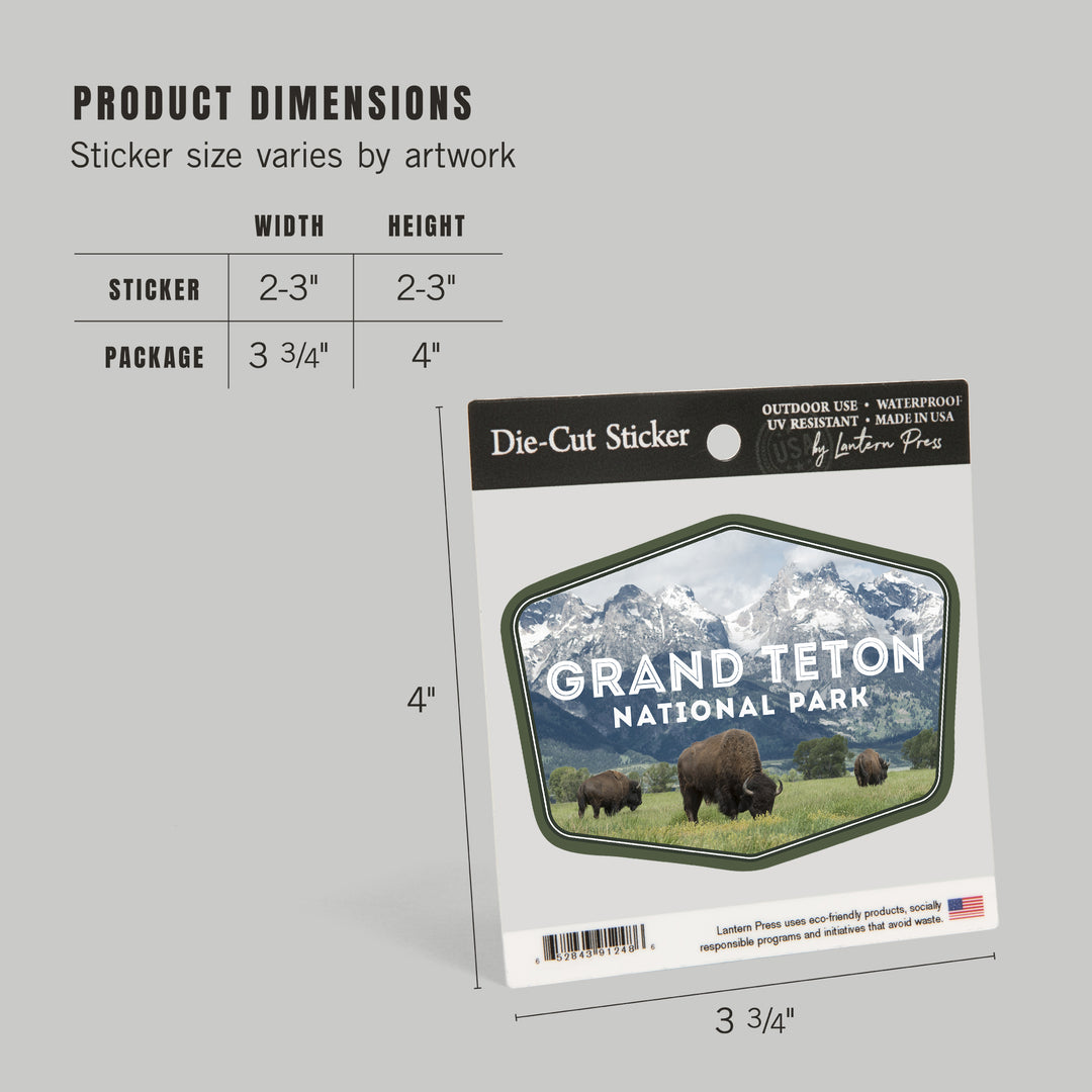 Grand Teton National Park, Wyoming, Buffalo & Mountain Scene, Contour, Lantern Press Photography, Vinyl Sticker
