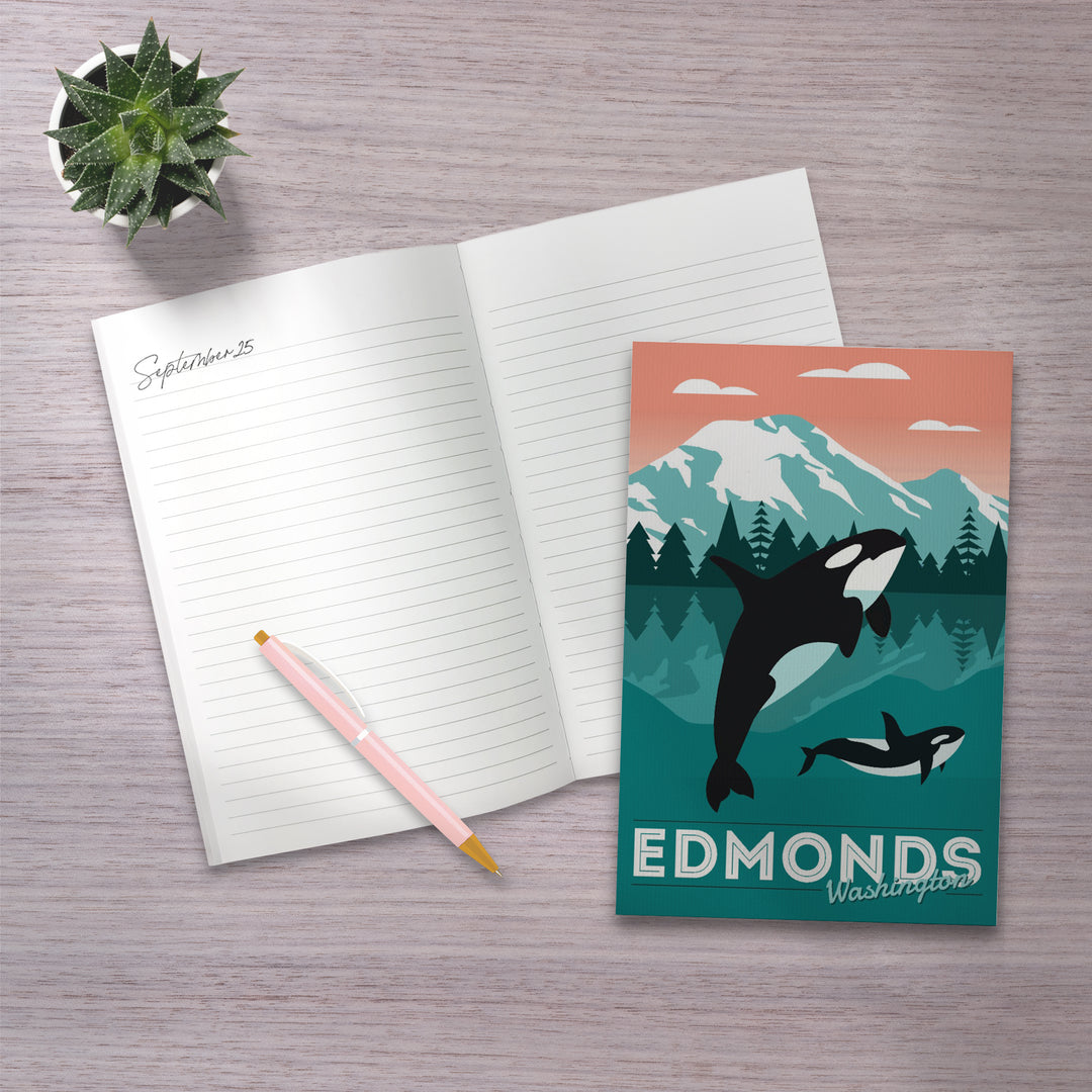 Lined 6x9 Journal, Edmonds, Washington, Orca Whale and Calf, Vector, Lay Flat, 193 Pages, FSC paper