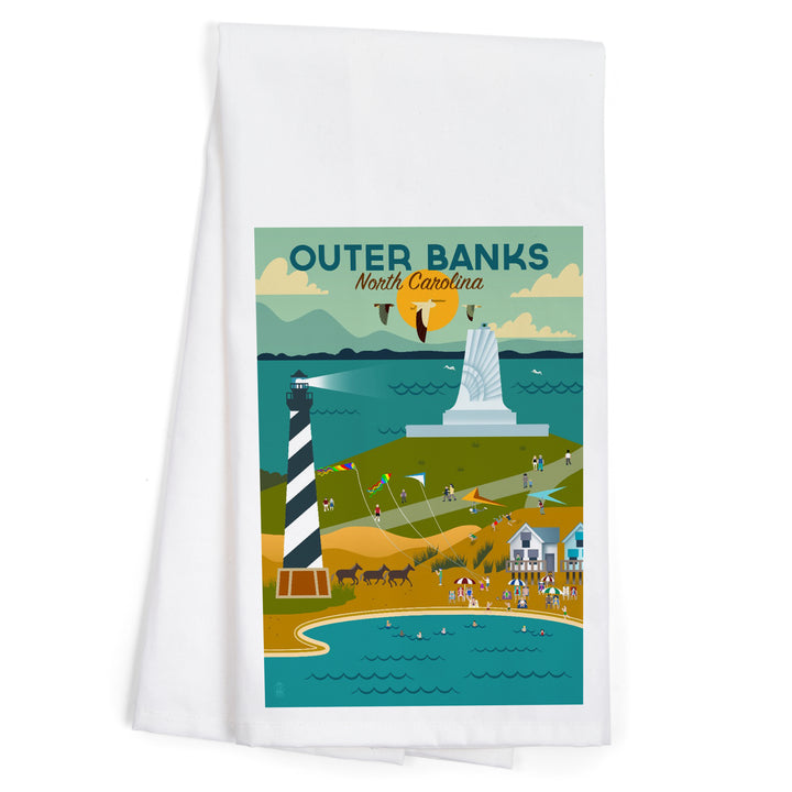 Outer Banks, North Carolina, Beach and Lighthouse, Geometric, Organic Cotton Kitchen Tea Towels