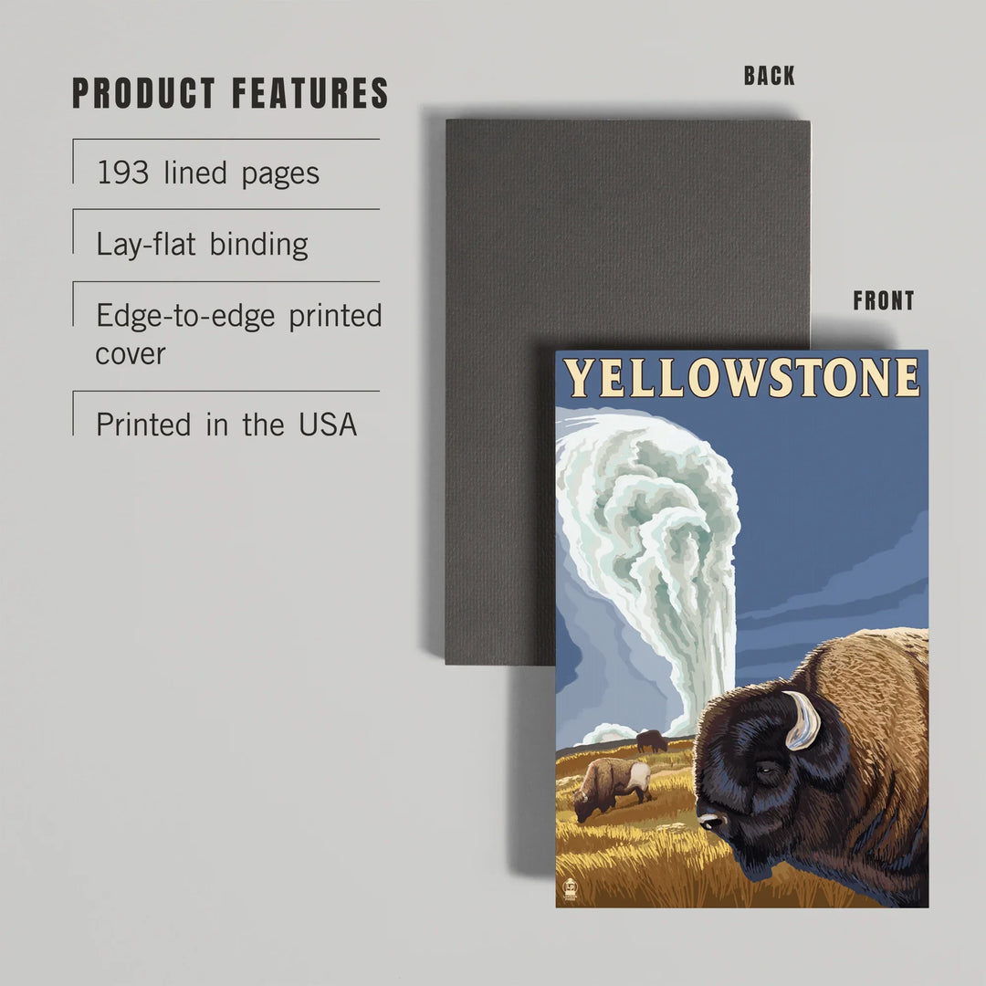 Lined 6x9 Journal, Yellowstone National Park, Wyoming, Bison and Old Faithful, Lay Flat, 193 Pages, FSC paper