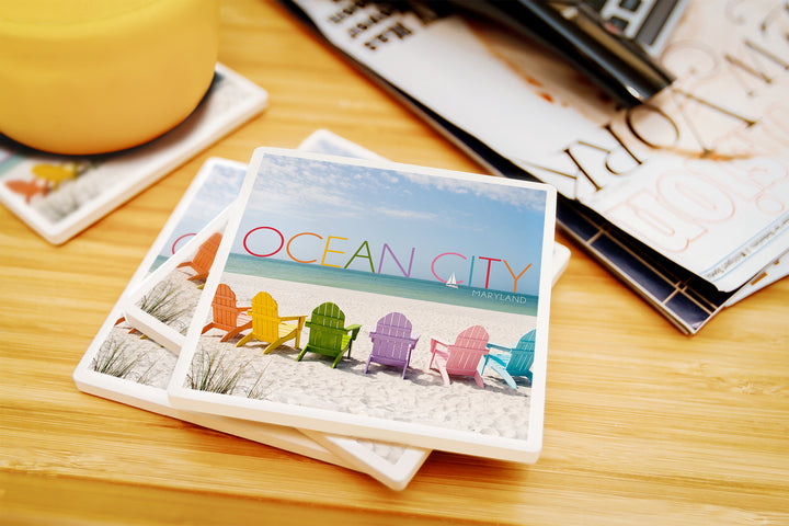 Ocean City, Maryland, Colorful Beach Chairs, Coaster Set