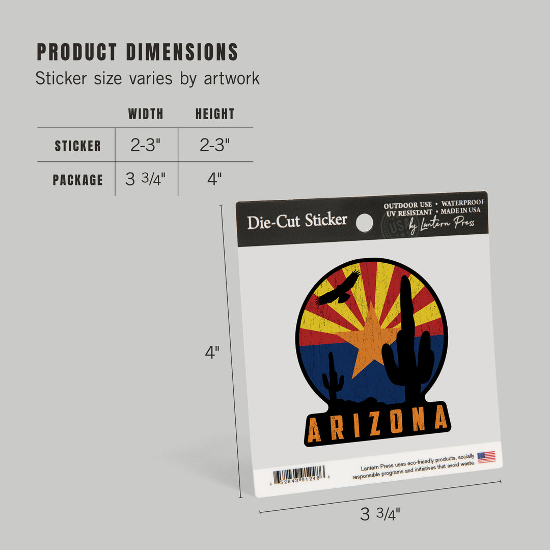 Arizona, Cactus & State Flag, Badge, Contour, Lantern Press Artwork, Vinyl Sticker