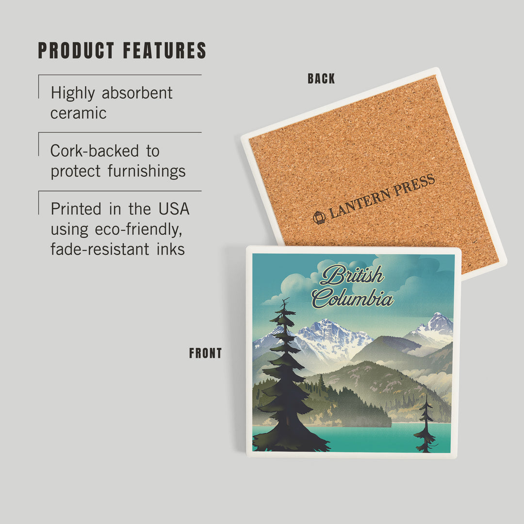 British Columbia, Lithograph, Lake and Mountain Scene, Coasters