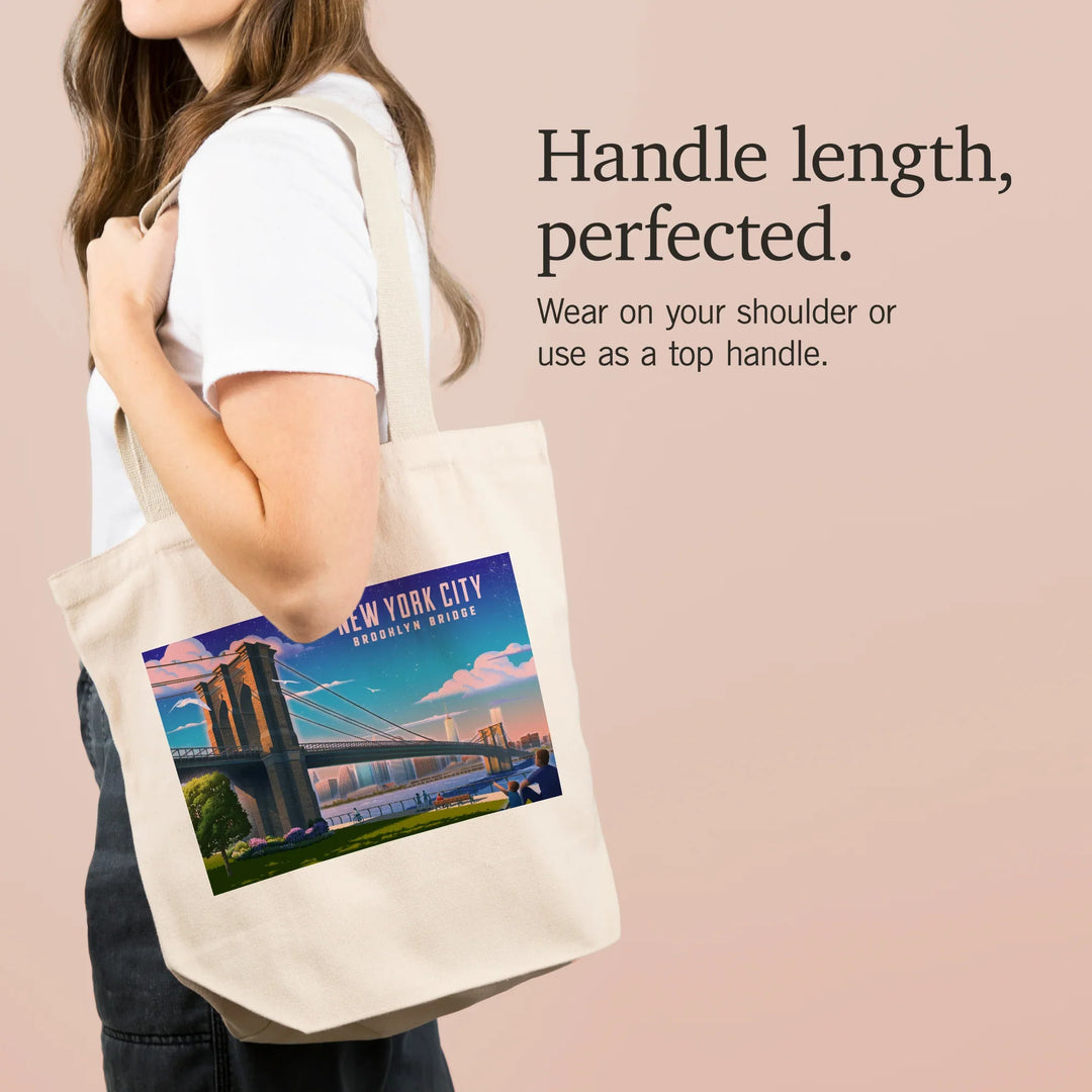 New York City, New York, Lithograph, Brooklyn Bridge at Dusk, Tote Bag