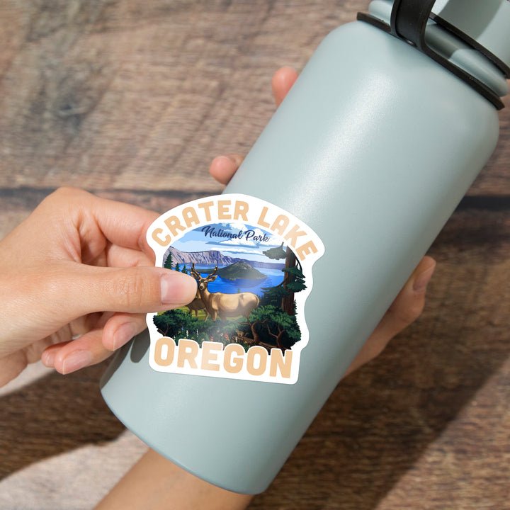 Crater Lake National Park, Oregon, Deer Family, Contour, Lantern Press Artwork, Vinyl Sticker