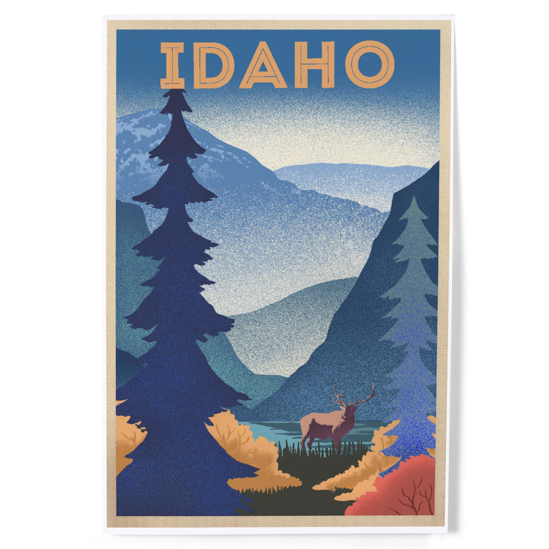 Idaho, Elk and Mountain Scene, Lithograph, Art & Giclee Prints