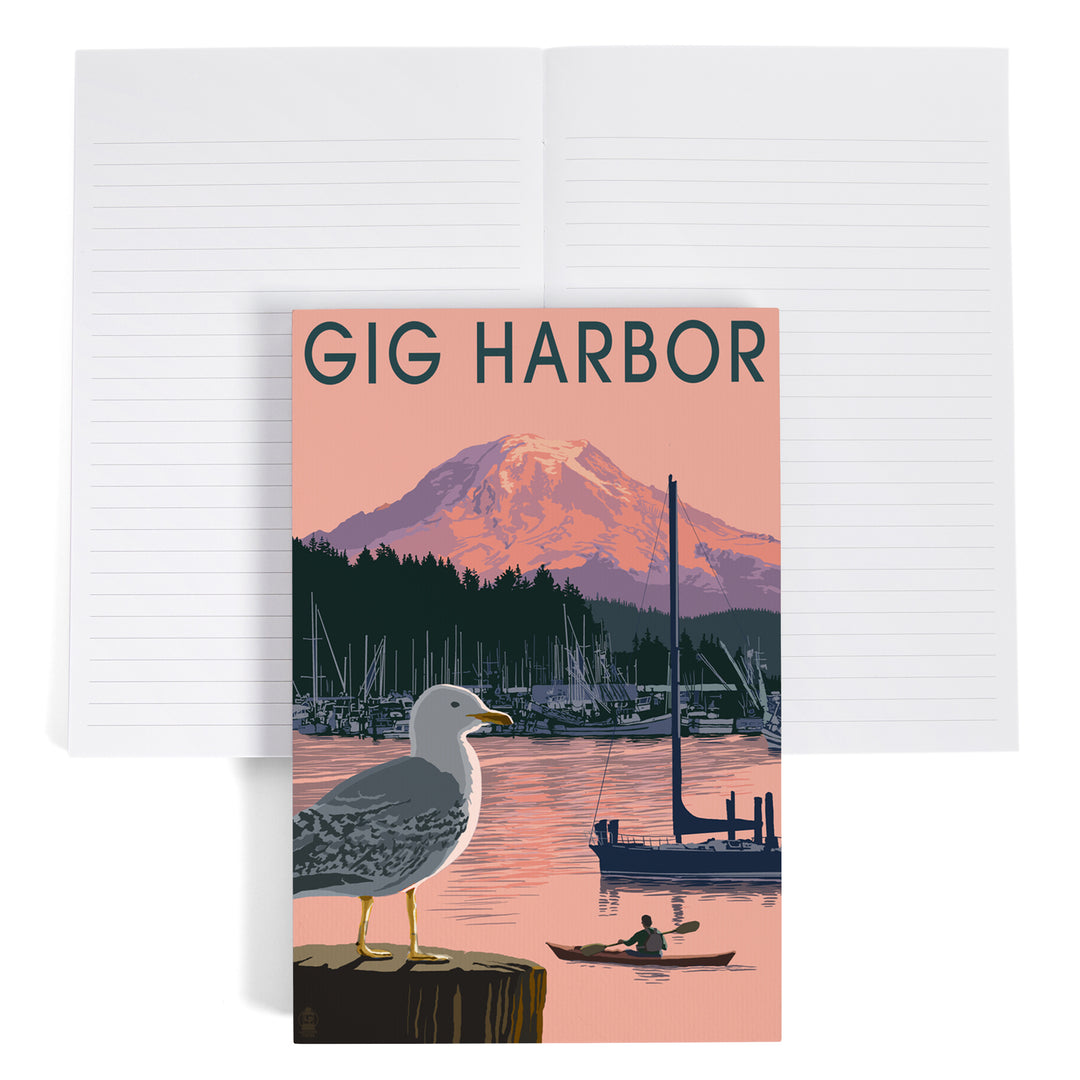 Lined 6x9 Journal, Gig Harbor, Washington, Marina and Rainier at Sunset, Lay Flat, 193 Pages, FSC paper