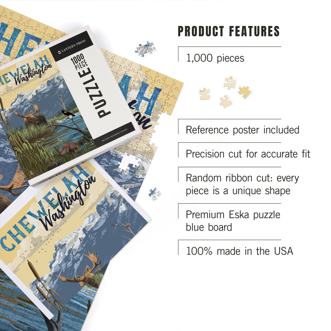 Chewelah, Washington, Painterly, Moose, Mountain, and Marsh, 1000 Piece Jigsaw Puzzle