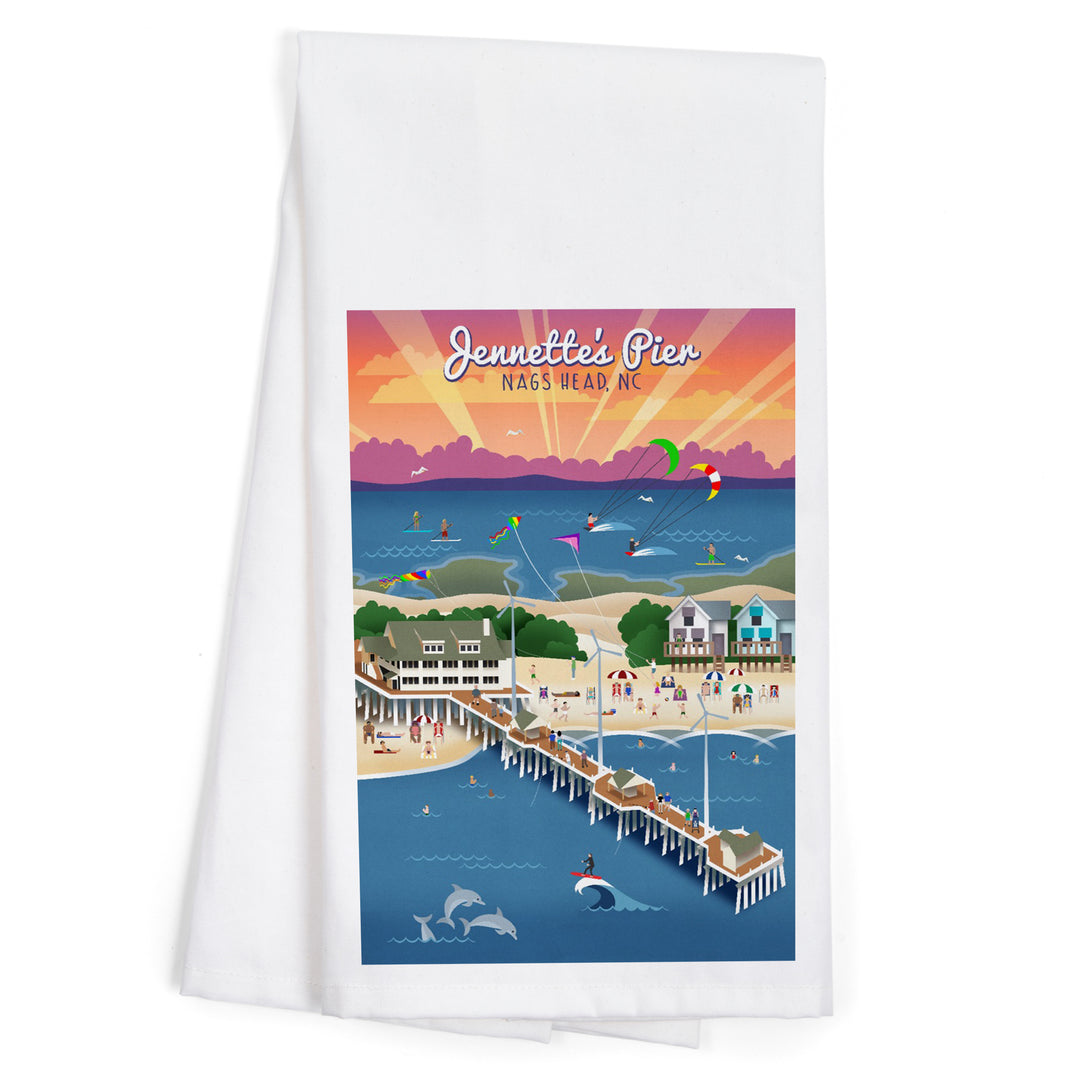 Nags Head, North Carolina, Jennette's Pier, Retro, Organic Cotton Kitchen Tea Towels