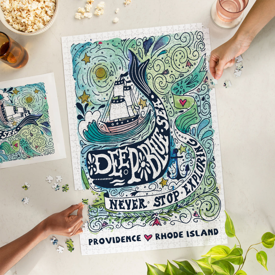 Providence, Rhode Island, Watercolor Whale, Deep Blue Sea, Nautical Art, 1000 Piece Jigsaw Puzzle