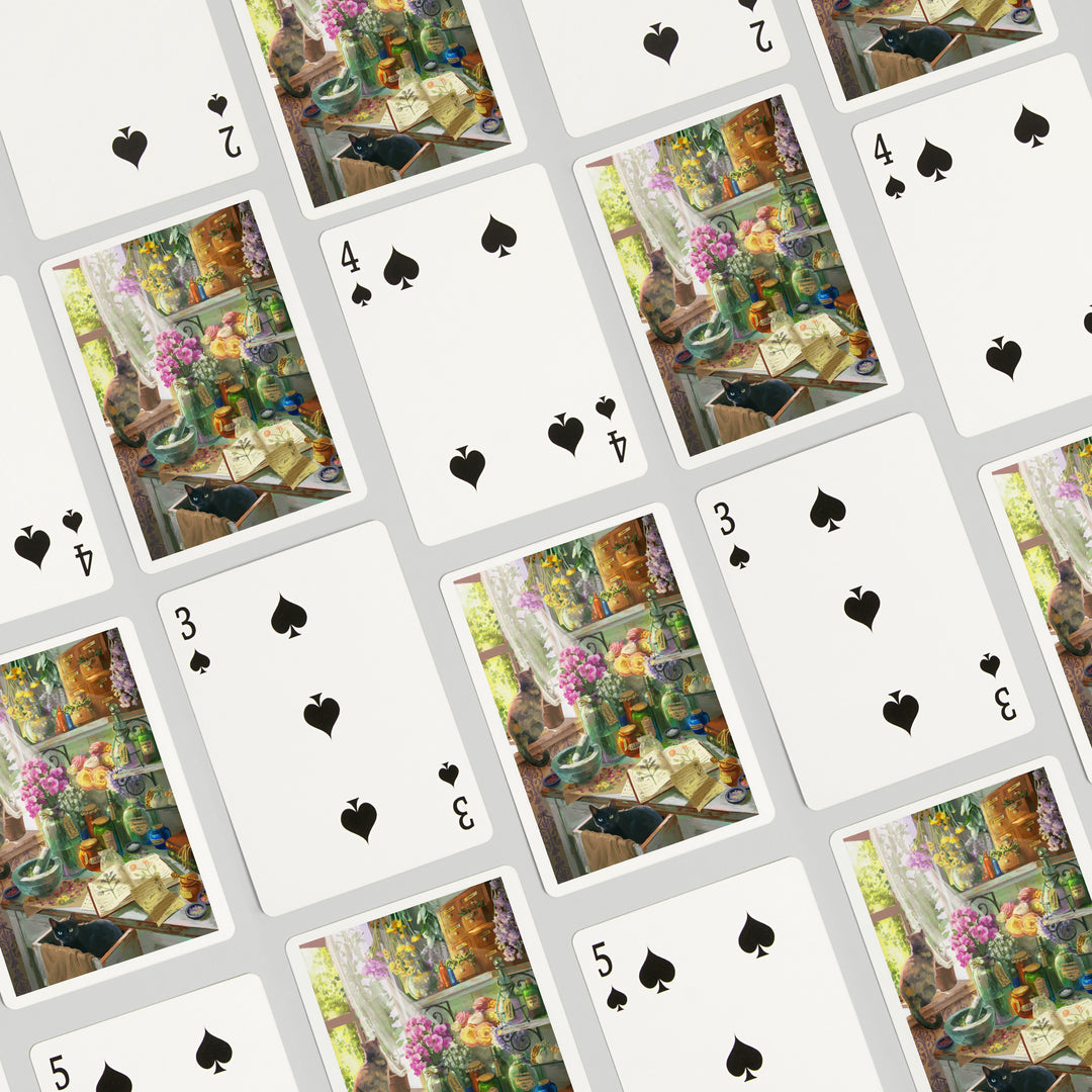 Playing Cards, Garden Apothecary, With Cat, Oil Painting, 52 Card Deck with Jokers in Box, Unique Art