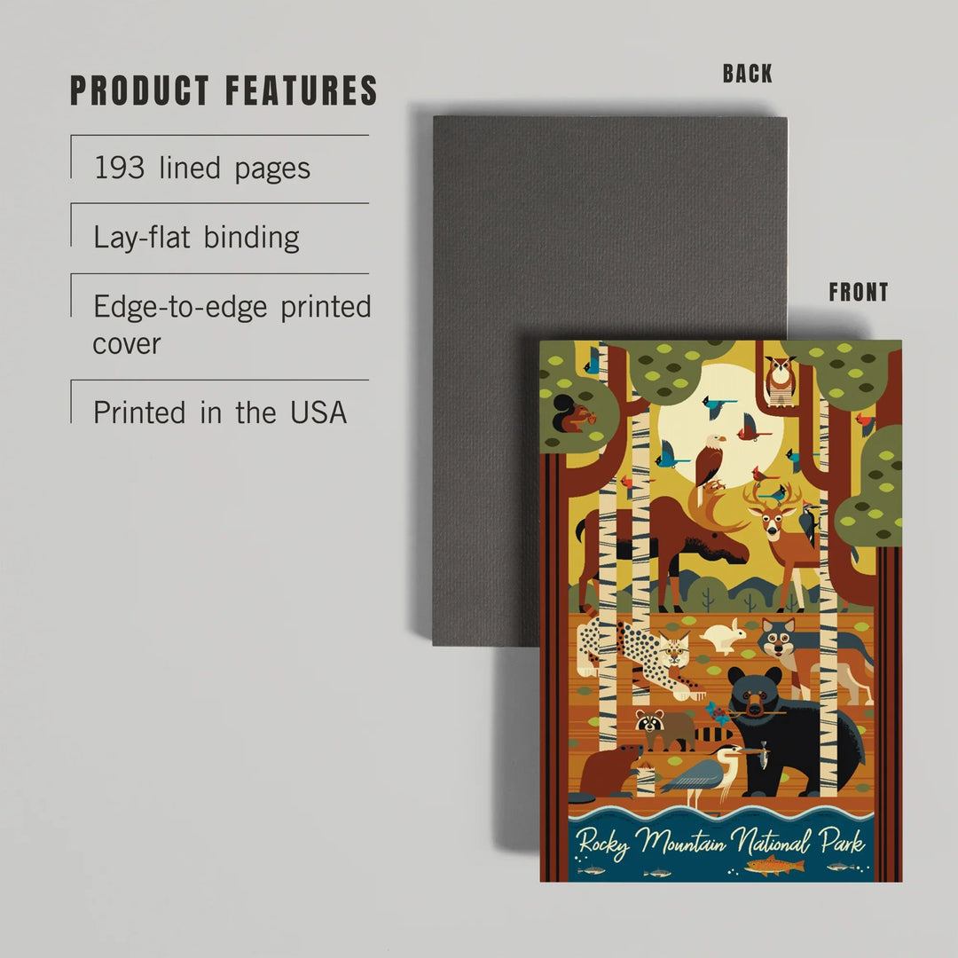 Lined 6x9 Journal, Rocky Mountain National Park, Colorado, Geometric, Forest Animals, Lay Flat, 193 Pages, FSC paper