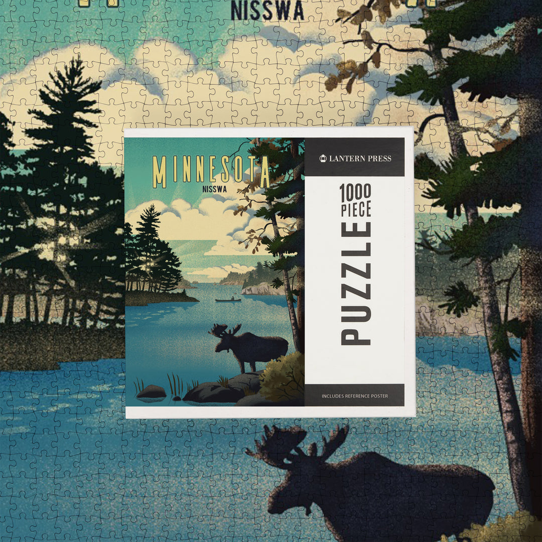 Nisswa, Minnesota, Lithograph, Moose and Lake, Jigsaw Puzzle