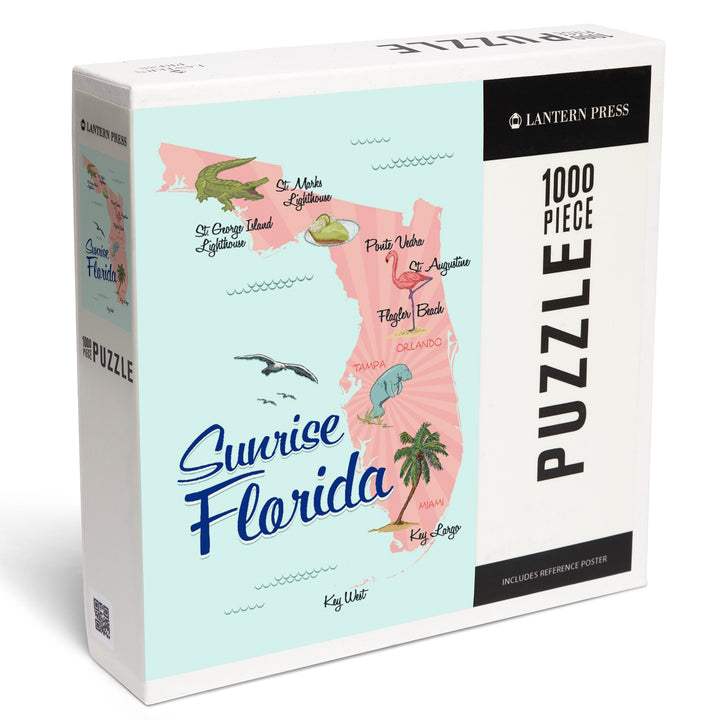 Sunrise, Florida, Typography and Icons, Pink and Blue, Jigsaw Puzzle