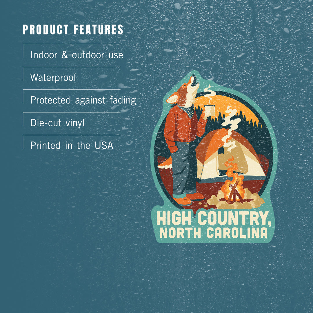 High Country, North Carolina, Camping Coyote, Contour, Vinyl Sticker