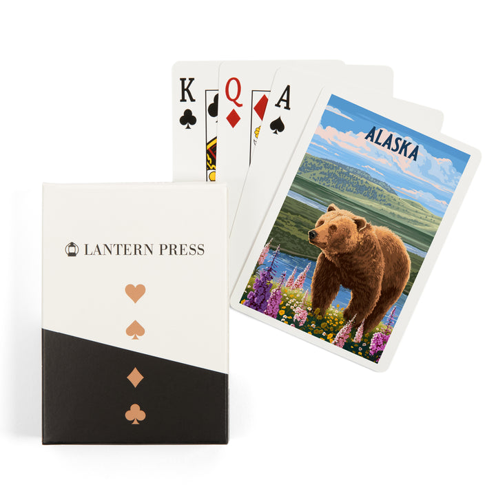 Playing Cards, Alaska, Painterly, Grizzly Bear in Meadow, 52 Card Deck with Jokers in Box, Unique Art
