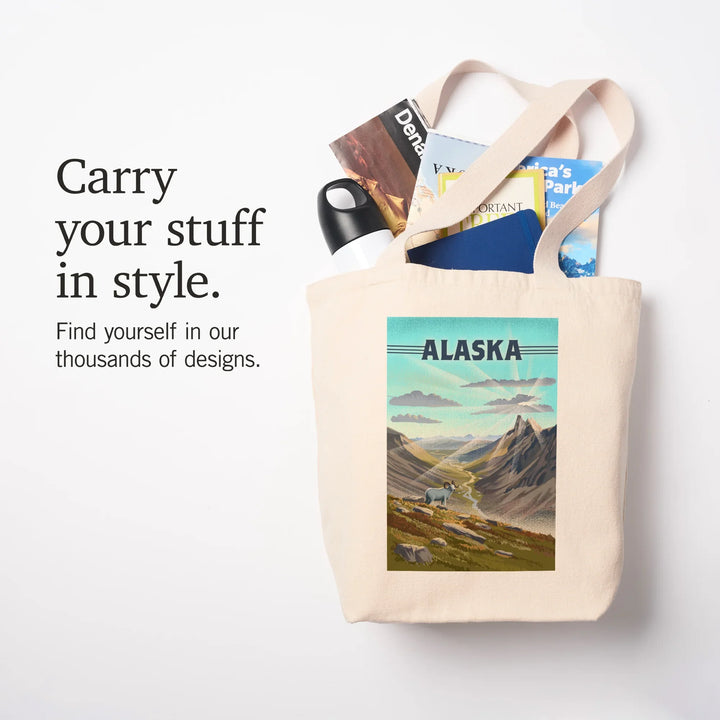 Alaska, Lithograph, Bighorn Sheep on Mountain, Tote Bag
