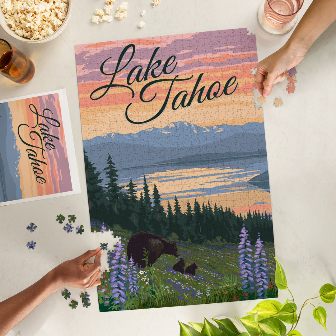 Lake Tahoe, Black Bear and Cubs with Flowers, Jigsaw Puzzle
