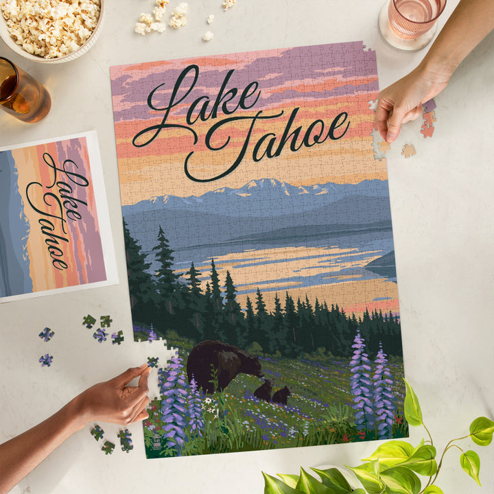 Lake Tahoe, Black Bear and Cubs with Flowers, Jigsaw Puzzle