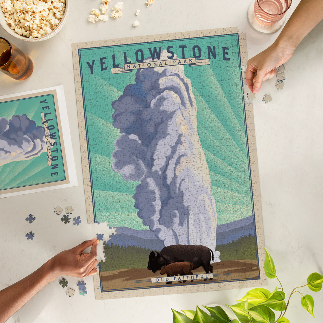 Yellowstone National Park, Wyoming, Old Faithful and Bison, Lithograph National Park Series, Jigsaw Puzzle