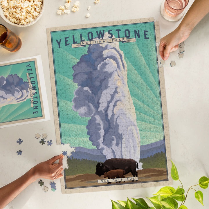 Yellowstone National Park, Wyoming, Old Faithful and Bison, Lithograph National Park Series, Jigsaw Puzzle