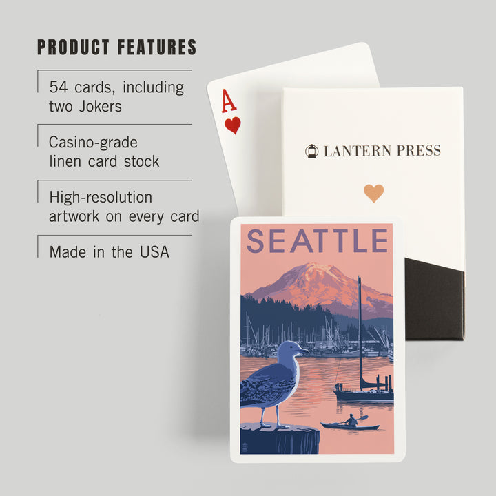 Playing Cards, Seattle, Washington, Marina and Rainier at Sunset, 52 Card Deck with Jokers in Box, Unique Art
