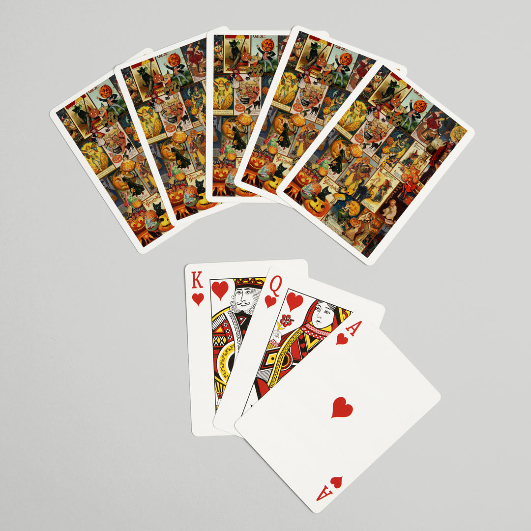 Playing Cards, Vintage Halloween Postcard Collage, 52 Card Deck with Jokers in Box, Unique Art