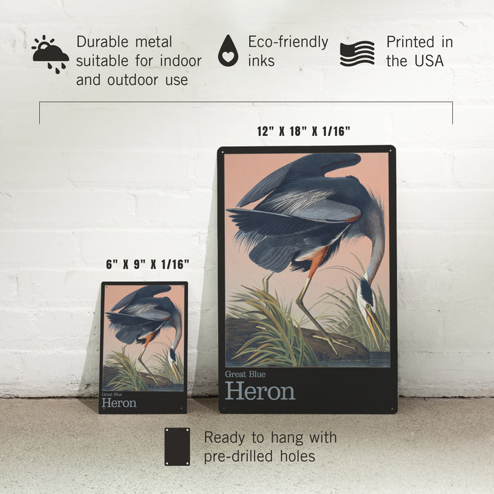 Audubon Birds of North America, Blue Heron, 12x18 Metal Sign
