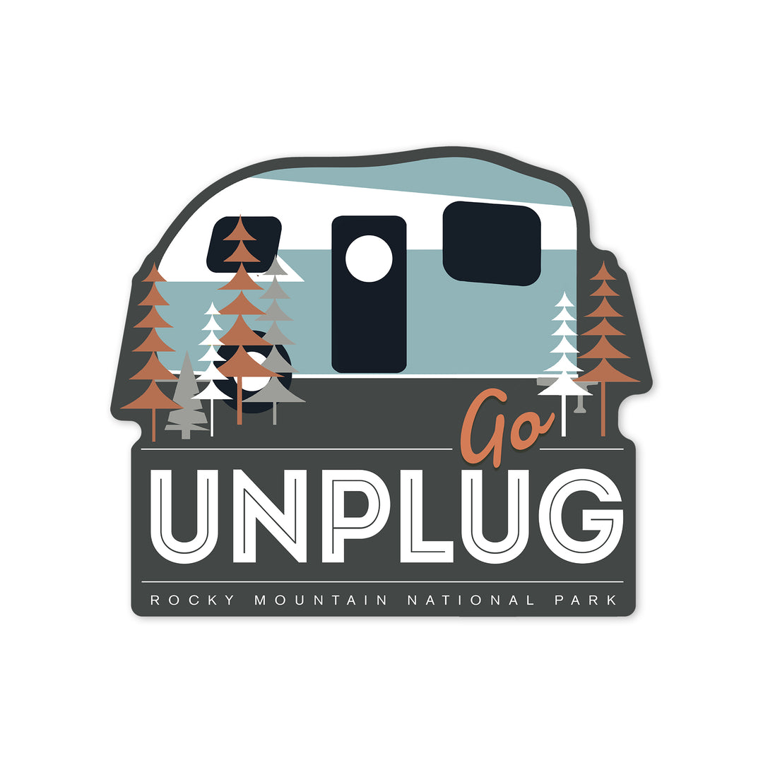 Rocky Mountain National Park, Colorado, Go Unplug, Vector Retro Camper, Contour, Vinyl Sticker