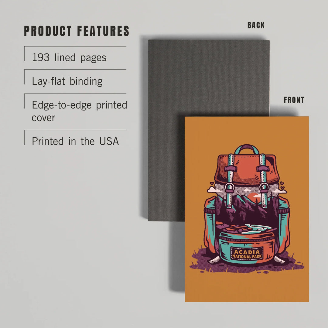 Lined 6x9 Journal, Acadia National Park, Maine, Backpack, Wander More, Distressed Vector, Lay Flat, 193 Pages, FSC paper
