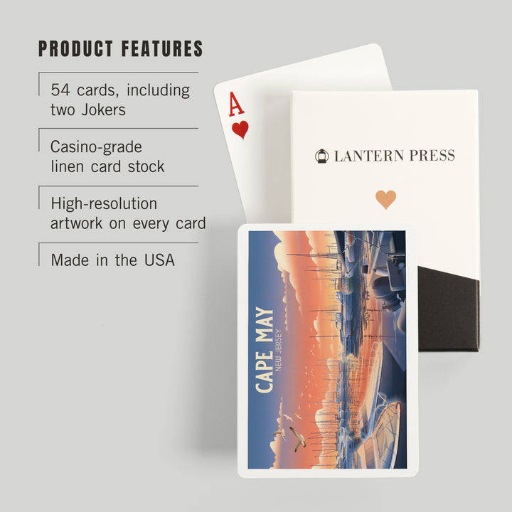Playing Cards, Cape May, New Jersey, Lithograph, Home Sweet Harbor, Boats in Marina, 52 Card Deck with Jokers in Box, Unique Art