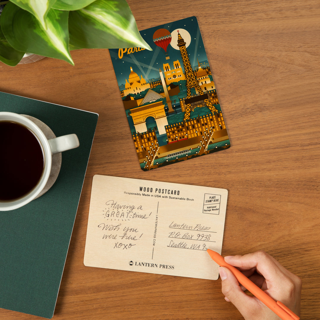 Paris, France, Retro Skyline, Wood Sign and Postcards