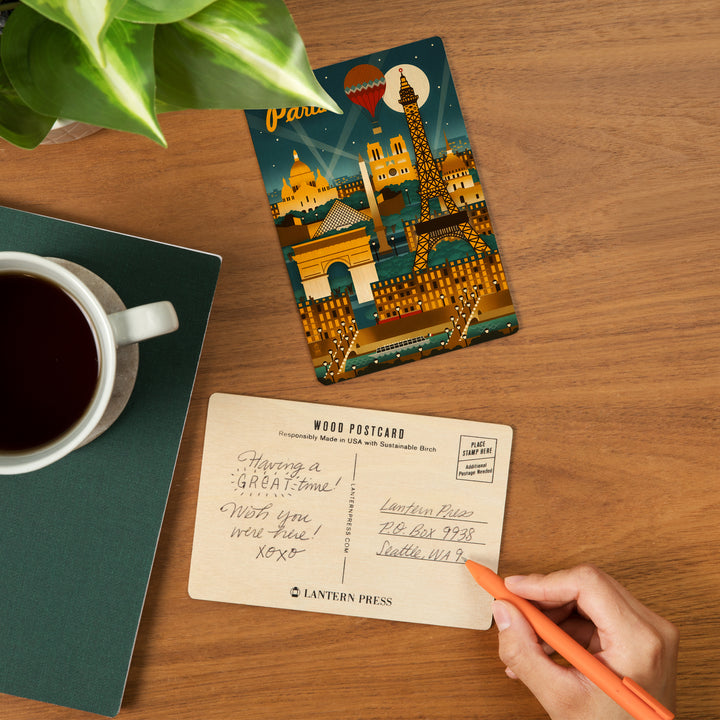 Paris, France, Retro Skyline, Wood Sign and Postcards