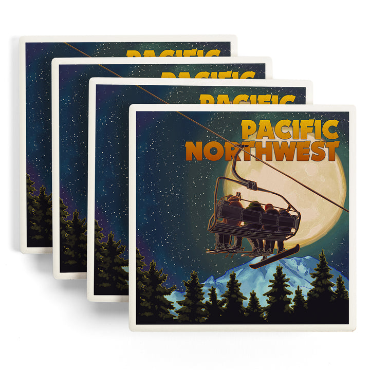 PNW, Ski Lift and Full Moon with Snowboarder, Coasters