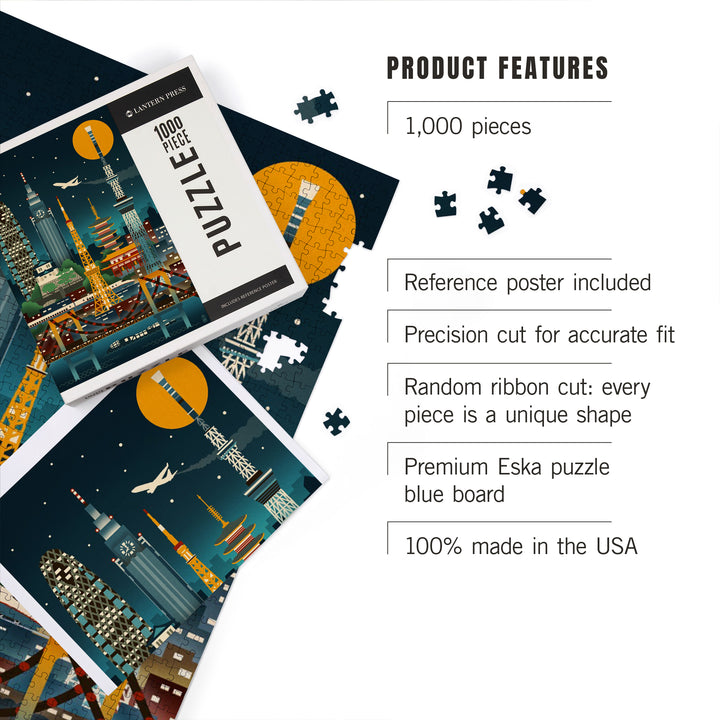 Tokyo, Japan, Retro Skyline (no text), 1000 Piece Jigsaw Puzzle