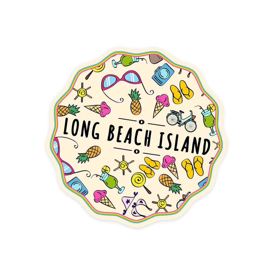Long Beach Island, New Jersey, Beach & Sunshine Pattern, Contour, Lantern Press Artwork, Vinyl Sticker