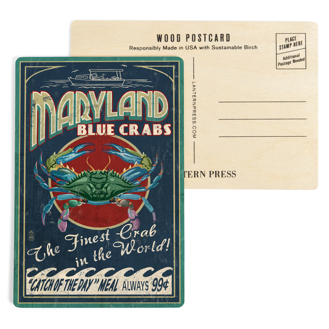 Maryland, Blue Crabs Vintage Advertisement, Wood Sign and Postcards