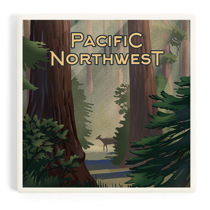 Pacific Northwest, Lithograph, Deer in Forest, Coasters