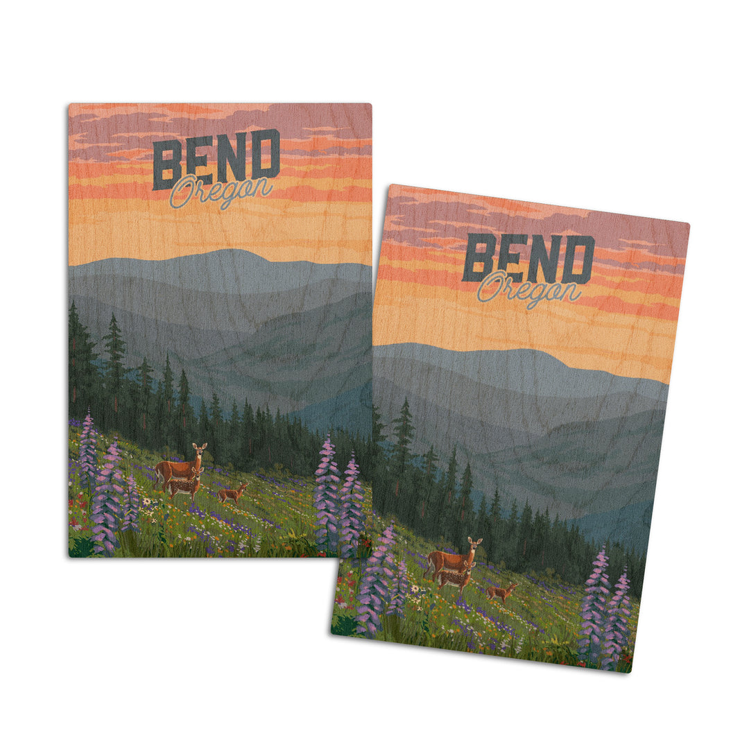 Bend, Oregon, Deer & Spring Flowers, Lantern Press Artwork, Wood Signs and Postcards