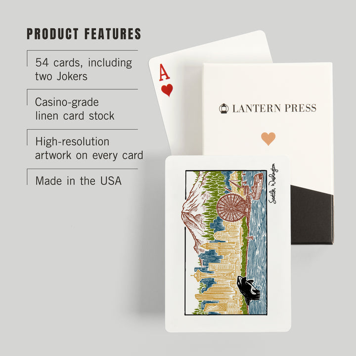 Playing Cards, Seattle, Washington, Skyline, 52 Card Deck with Jokers in Box, Unique Art