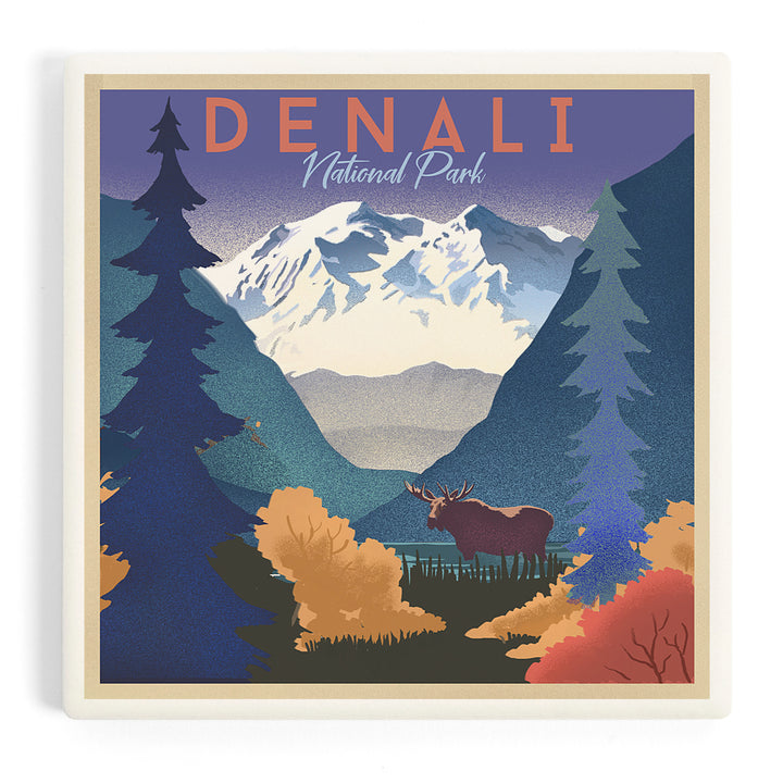 Denali National Park, Alaska, Mountain Scene, Lithograph, Coasters