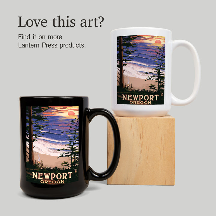 Newport, Oregon, Sunset Beach & Surfers, Lantern Press Poster, Ceramic Mug