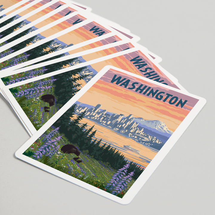 Playing Cards, Seattle, Washington, Bear and Spring Flowers, 52 Card Deck with Jokers in Box, Unique Art