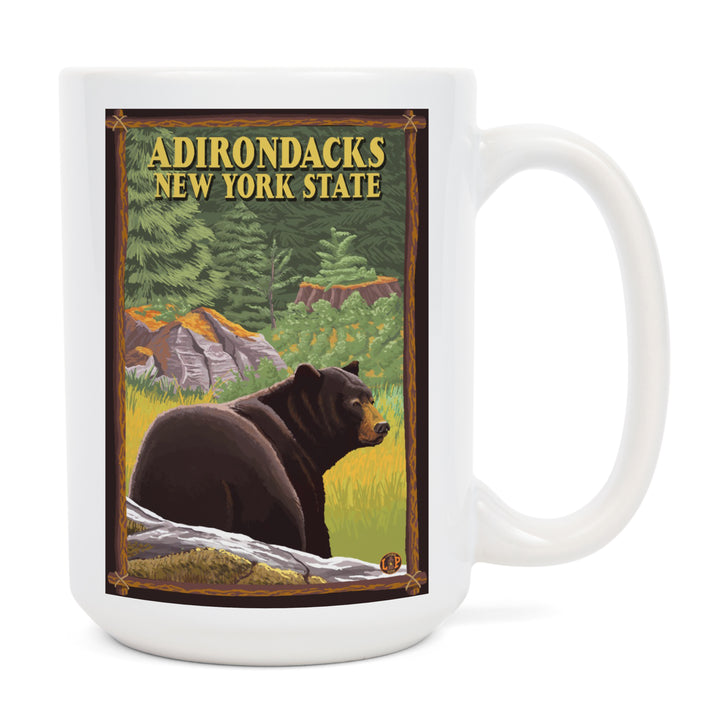 Adirondacks, New York, Black Bear in Forest, Lantern Press Artwork, Ceramic Mug