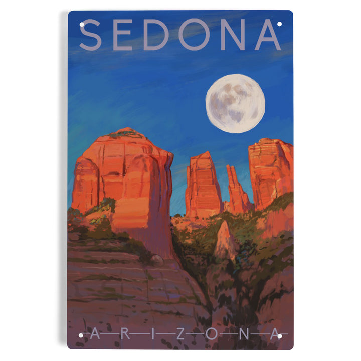 Sedona, Arizona, Cathedral Rock, Moon, Oil Painting, 12x18 Metal Sign