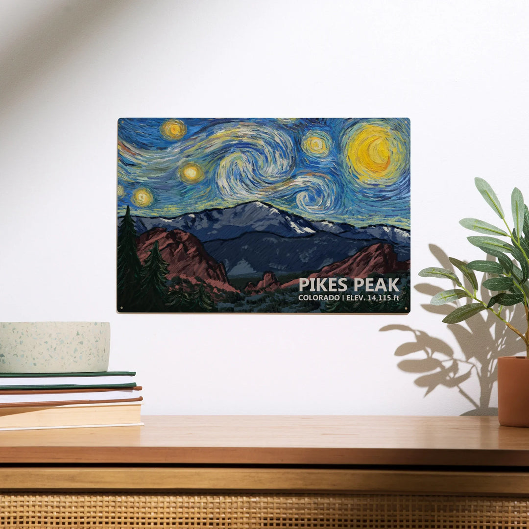 Pikes Peak, Colorado, Van Gogh Starry Night, Wood Sign and Postcards