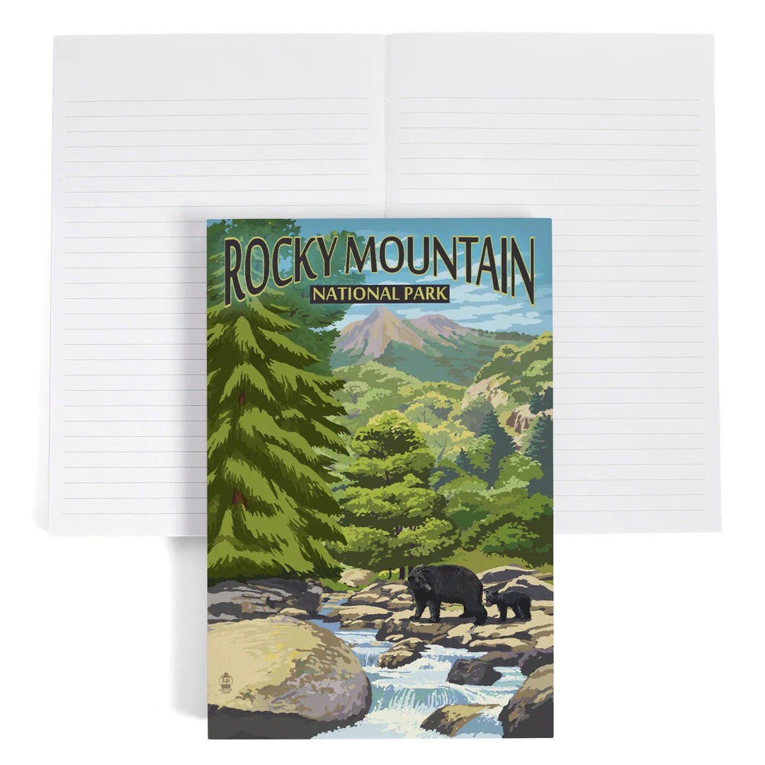 Lined 6x9 Journal, Rocky Mountain National Park, Colorado, Black Bears and Stream, Lay Flat, 193 Pages, FSC paper